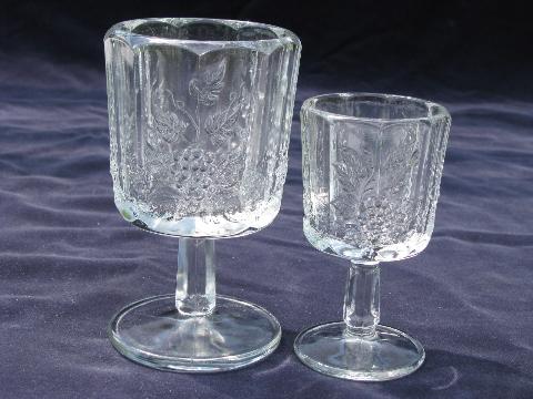 photo of crystal clear glass vintage Paneled Grape wine glasses, marked Westmoreland #2