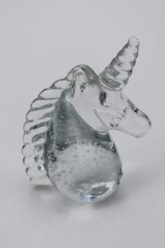 catalog photo of crystal clear hand blown glass unicorn paperweight figurine, magical fairy tale style decor