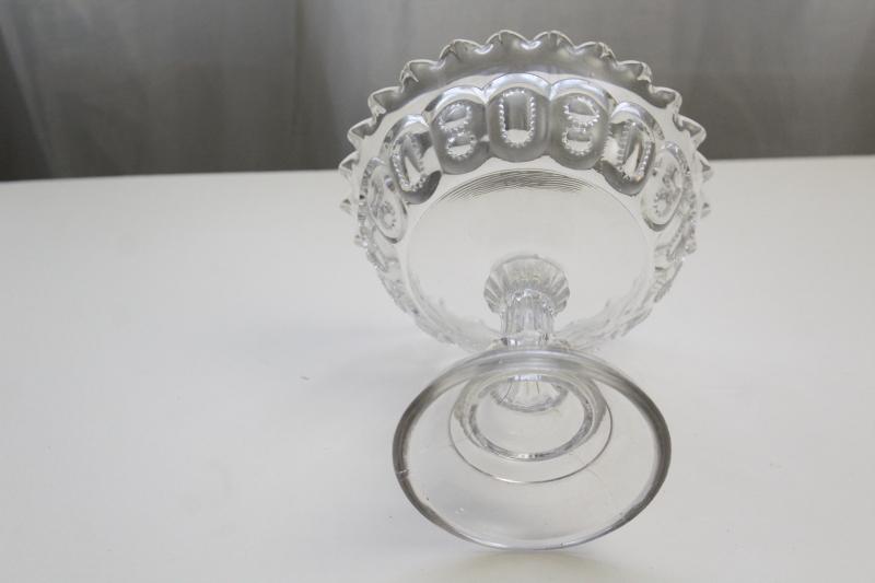 photo of crystal clear moon and stars pattern glass compote bowl, vintage pressed glass #5