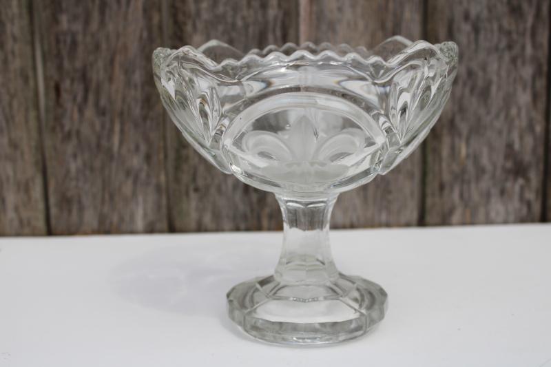 photo of crystal clear pressed glass compote bowl, french fleur de lis frosted design #1