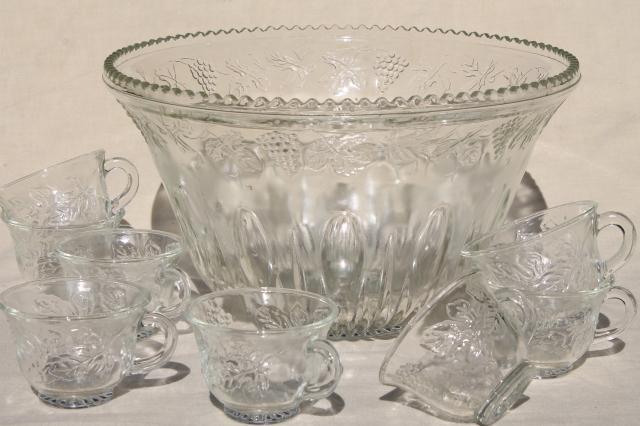 photo of crystal clear pressed glass harvest grapes pattern punch bowl & cups set, vintage wedding glassware #1