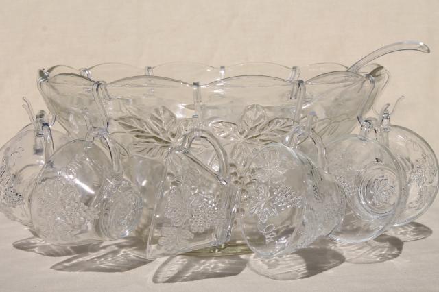 photo of crystal clear pressed glass harvest grapes pattern punch bowl & cups set, vintage wedding glassware #1