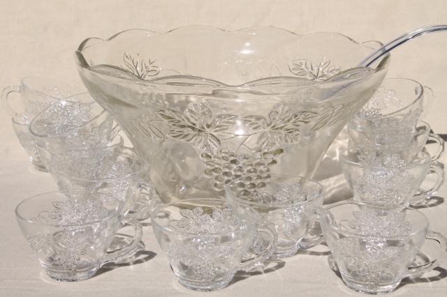 photo of crystal clear pressed glass harvest grapes pattern punch bowl & cups set, vintage wedding glassware #3