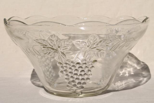 photo of crystal clear pressed glass harvest grapes pattern punch bowl & cups set, vintage wedding glassware #4