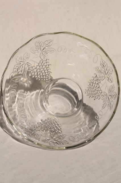 photo of crystal clear pressed glass harvest grapes pattern punch bowl & cups set, vintage wedding glassware #6
