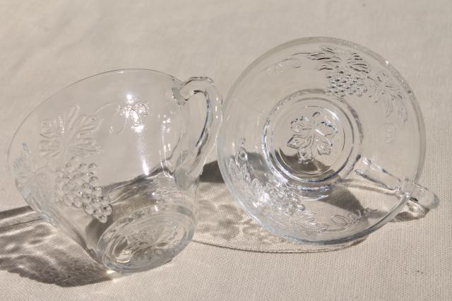 photo of crystal clear pressed glass harvest grapes pattern punch bowl & cups set, vintage wedding glassware #8