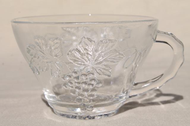 photo of crystal clear pressed glass harvest grapes pattern punch bowl & cups set, vintage wedding glassware #9
