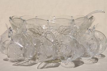 catalog photo of crystal clear pressed glass harvest grapes pattern punch bowl & cups set, vintage wedding glassware