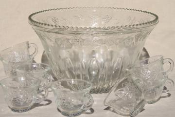 catalog photo of crystal clear pressed glass harvest grapes pattern punch bowl & cups set, vintage wedding glassware