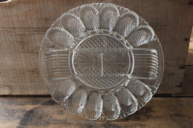 photo of crystal clear pressed glass tray, deviled egg / relish plate, vintage serving dish #2