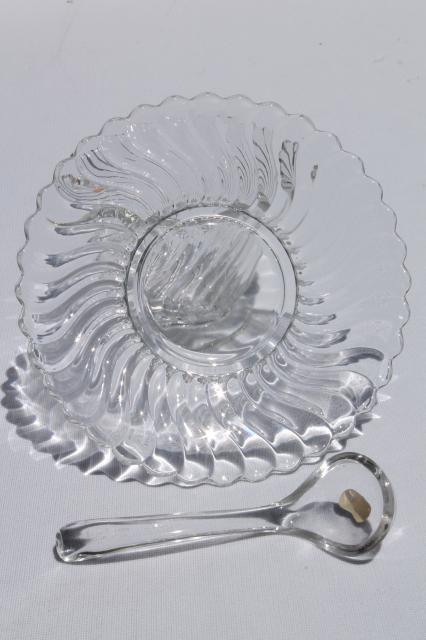 photo of crystal clear vintage Fostoria Colony glass lemon plate, mayo bowl w/ ladle spoon #12