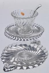 catalog photo of crystal clear vintage Fostoria Colony glass lemon plate, mayo bowl w/ ladle spoon