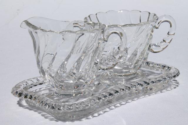 photo of crystal clear vintage Fostoria Colony glass mini cream & sugar set w/ tray #1