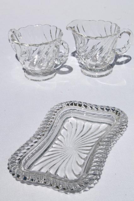 photo of crystal clear vintage Fostoria Colony glass mini cream & sugar set w/ tray #3