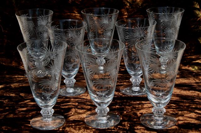 photo of crystal clear vintage Fostoria etched glass Lido footed tumblers, 8 juice glasses #1