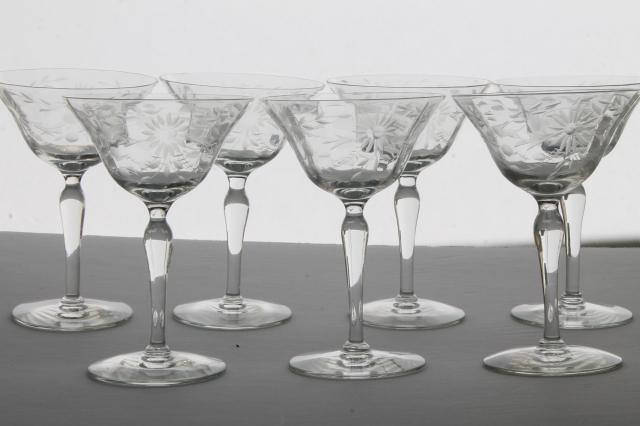 photo of crystal clear vintage Seneca glass champagne glasses, etched wheel cut daisy optic pattern #1