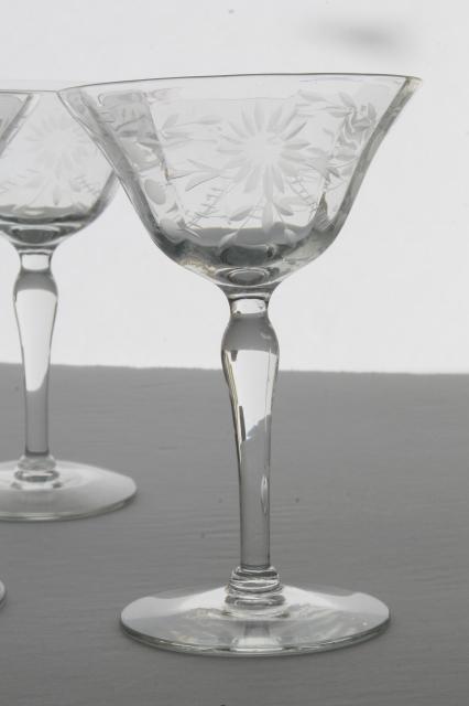 photo of crystal clear vintage Seneca glass champagne glasses, etched wheel cut daisy optic pattern #2