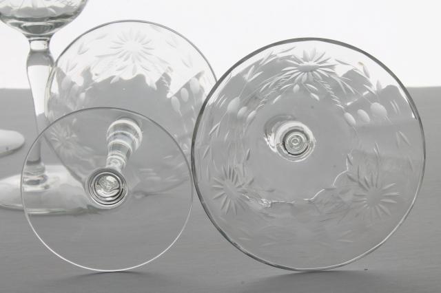 photo of crystal clear vintage Seneca glass champagne glasses, etched wheel cut daisy optic pattern #3