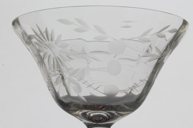 photo of crystal clear vintage Seneca glass champagne glasses, etched wheel cut daisy optic pattern #5