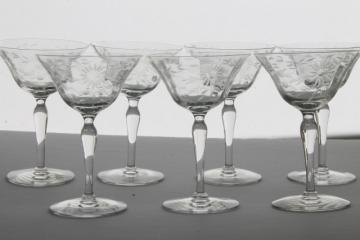 catalog photo of crystal clear vintage Seneca glass champagne glasses, etched wheel cut daisy optic pattern