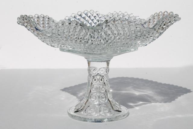 photo of crystal clear vintage diamond point glass square compote bowl w/ dot pattern pedestal #1