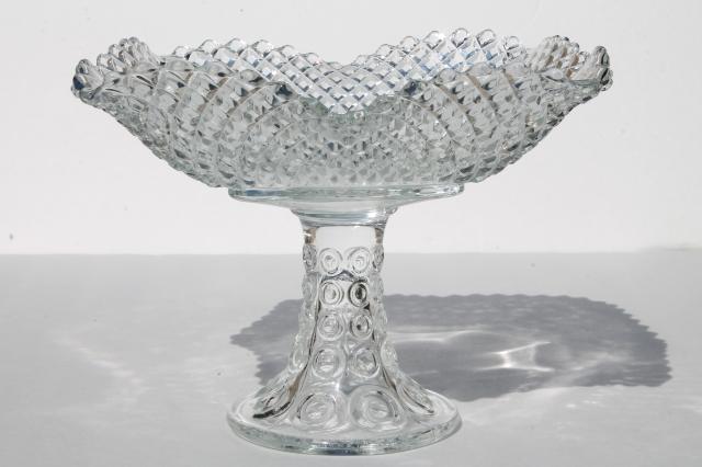 photo of crystal clear vintage diamond point glass square compote bowl w/ dot pattern pedestal #2