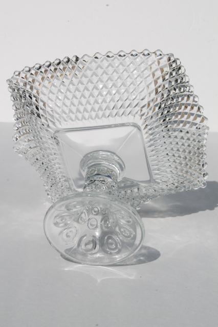 photo of crystal clear vintage diamond point glass square compote bowl w/ dot pattern pedestal #5