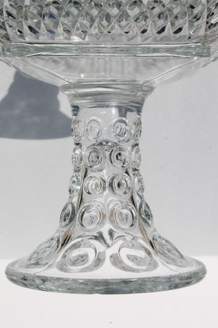 photo of crystal clear vintage diamond point glass square compote bowl w/ dot pattern pedestal #6