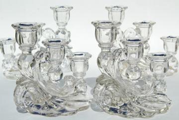 catalog photo of crystal clear vintage elegant glass candelabra, Cambridge Caprice cascade candle holders