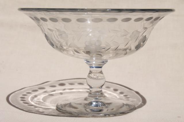 photo of crystal clear vintage elegant glass compote bowl, etched cut dots & flowers #1