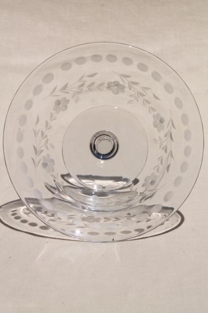 photo of crystal clear vintage elegant glass compote bowl, etched cut dots & flowers #4