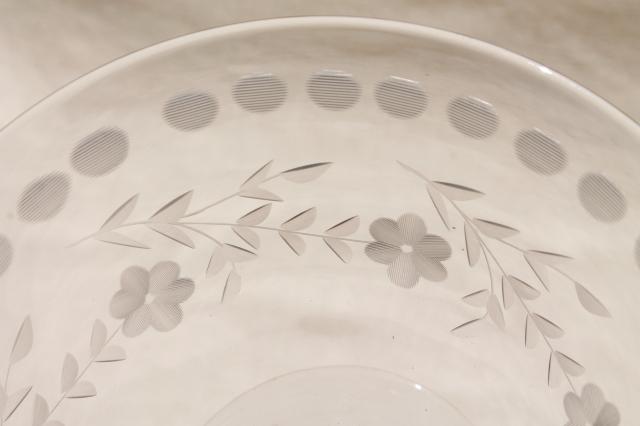 photo of crystal clear vintage elegant glass compote bowl, etched cut dots & flowers #5