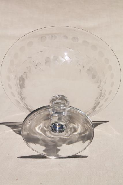 photo of crystal clear vintage elegant glass compote bowl, etched cut dots & flowers #6