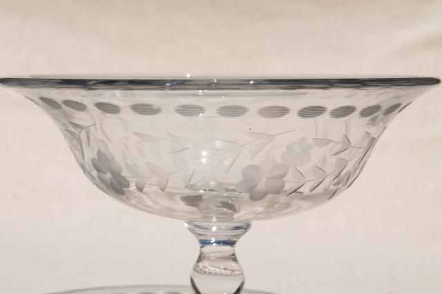 photo of crystal clear vintage elegant glass compote bowl, etched cut dots & flowers #7