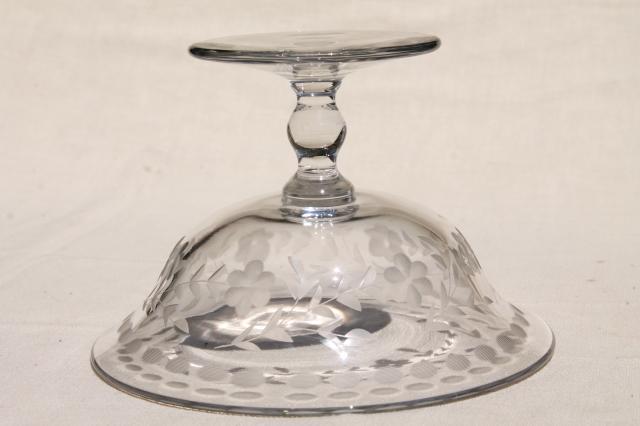 photo of crystal clear vintage elegant glass compote bowl, etched cut dots & flowers #8