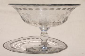 catalog photo of crystal clear vintage elegant glass compote bowl, etched cut dots & flowers