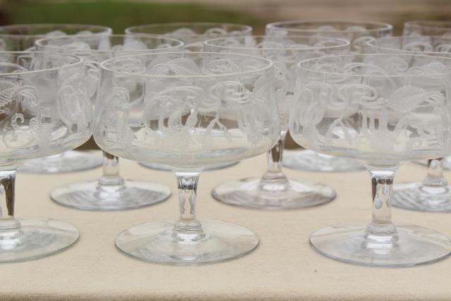 photo of crystal clear vintage fuchsia floral etched glass champagne glasses, low coupe champagnes #1