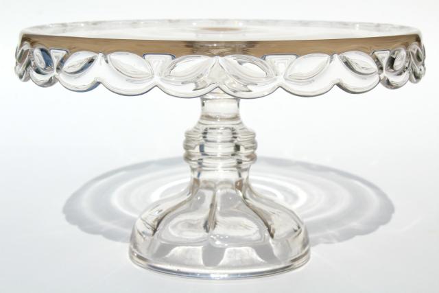photo of crystal clear vintage pressed glass cake stand, laurel leaf wreath pedestal plate #1