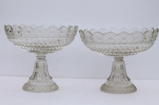 photo of crystal clear vintage pressed pattern glass compotes, large & small pedestal bowls  #3