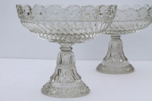 photo of crystal clear vintage pressed pattern glass compotes, large & small pedestal bowls  #5