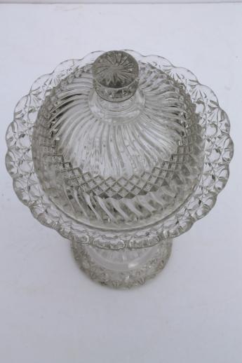 photo of crystal clear vintage pressed pattern glass, large compote dish or covered bowl #7