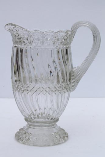 photo of crystal clear vintage pressed pattern glass pitcher, L G Wright Jersey swirl glass #1