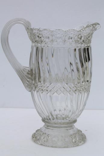 photo of crystal clear vintage pressed pattern glass pitcher, L G Wright Jersey swirl glass #4