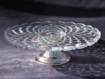 catalog photo of crystal glass cake plate with silver plated stand, West Germany