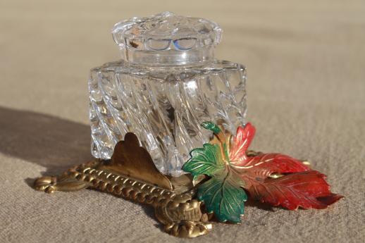 photo of crystal glass ink well bottle w/ ornate enameled gilt metal or brass stand #1