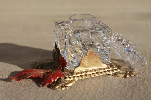 photo of crystal glass ink well bottle w/ ornate enameled gilt metal or brass stand #3