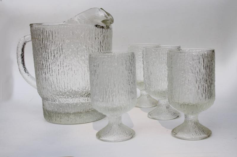 photo of crystal ice textured glass pitcher & drinking glasses, mod vintage Indiana glass #1