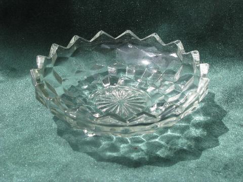 photo of cube pattern vintage pressed glass footed dish, candy bowl w/ three feet #1