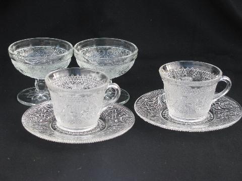 photo of cups & saucers, sherbets - vintage sandwich pressed glass, old Indiana daisy pattern #1