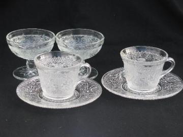 catalog photo of cups & saucers, sherbets - vintage sandwich pressed glass, old Indiana daisy pattern